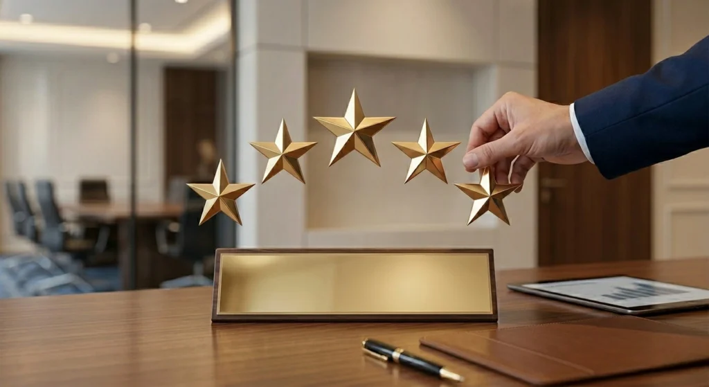 Mano de un directivo colocando la última estrella de oro en un reconocimiento de cinco estrellas sobre un escritorio de oficina. Un gesto que demuestra una gran gestión hotelera