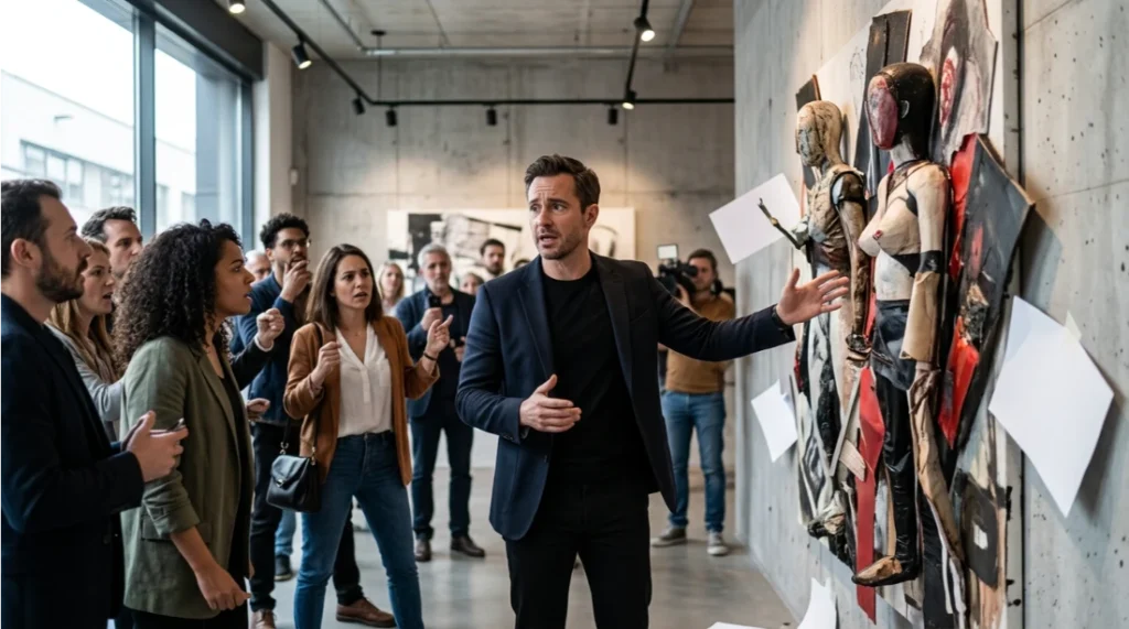 persona describiendo obra de arte