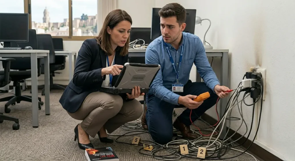Dos investigadores forenses de incendios analizan un enchufe sobrecargado y carbonizado con equipos técnicos en una oficina, buscando evidencias de incendios eléctricos.