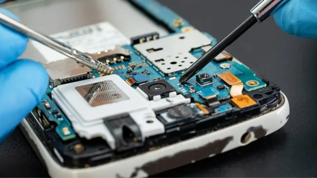 Técnico con guantes desmontando un smartphone con pinzas para extraer oro y metales preciosos de sus componentes electrónicos internos.