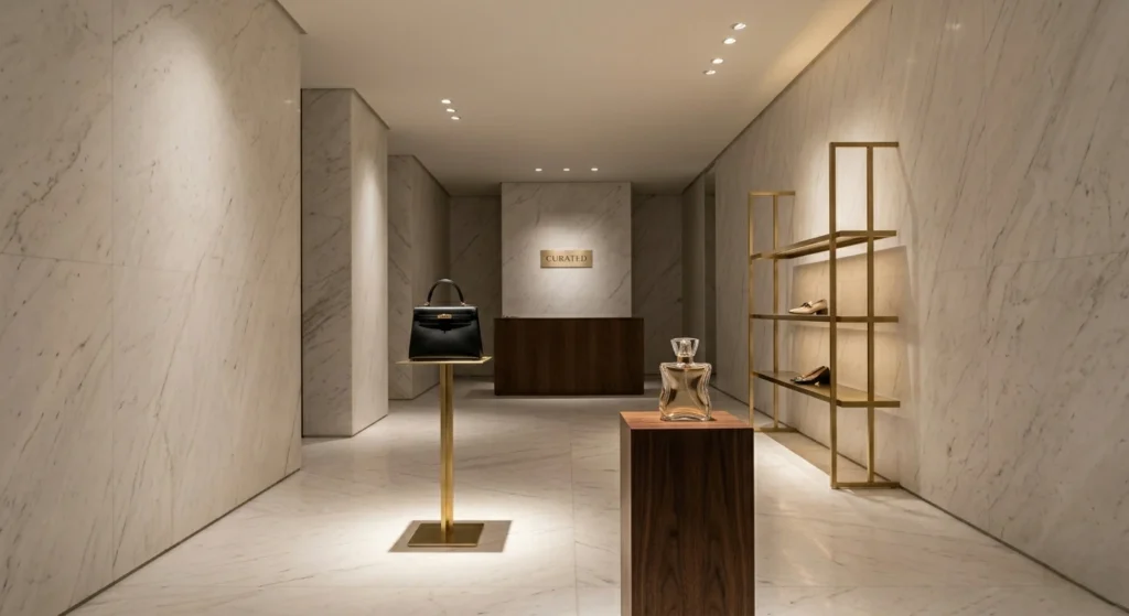 Interior de boutique de lujo con iluminación focal, suelo de mármol y prendas expuestas como obras de arte. Definición del marketing de lujo.