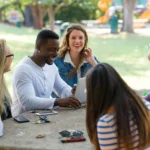 Grupo de personas hablando y pasándolo bien en el parque