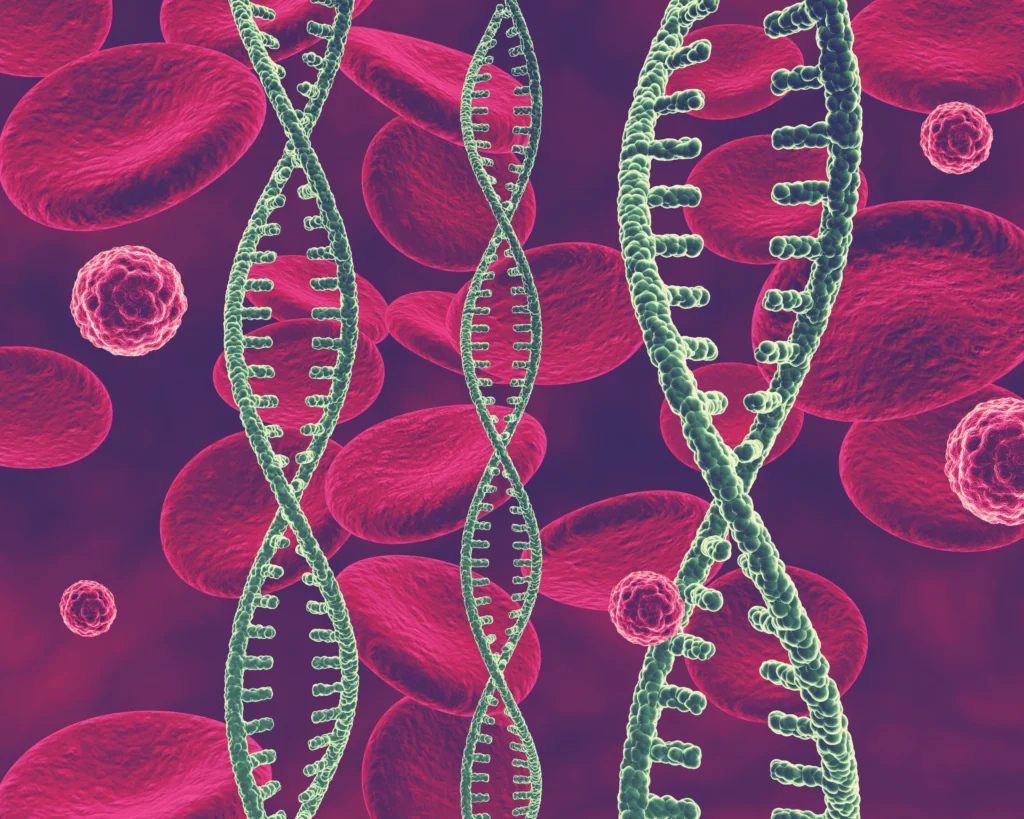 Ilustración de ADN y glóbulos rojos de genética molecular