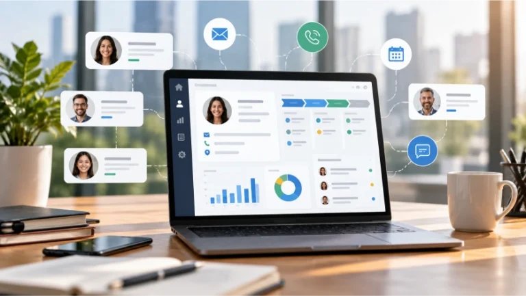 Imagen de una plataforma CRM que centraliza información de clientes, contactos, comunicaciones y oportunidades comerciales, mostrando cómo las empresas utilizan herramientas digitales para mejorar sus relaciones y ventas.