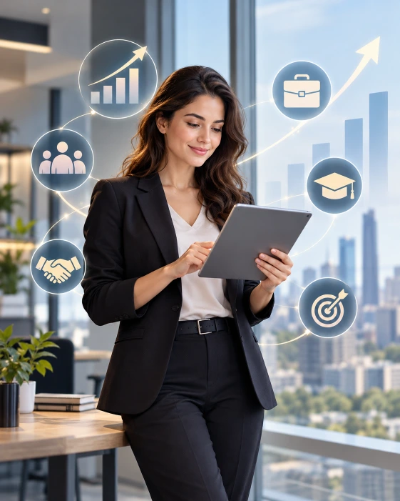 Fotografía vertical de una profesional utilizando herramientas digitales, acompañada de símbolos de formación, crecimiento empresarial y oportunidades laborales relacionados con la gestión comercial y las nuevas tecnologías.