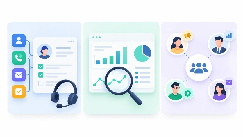 Infografía que ilustra los tres tipos principales de CRM mediante herramientas de automatización comercial, gráficos de análisis de datos y sistemas de comunicación y colaboración entre departamentos.