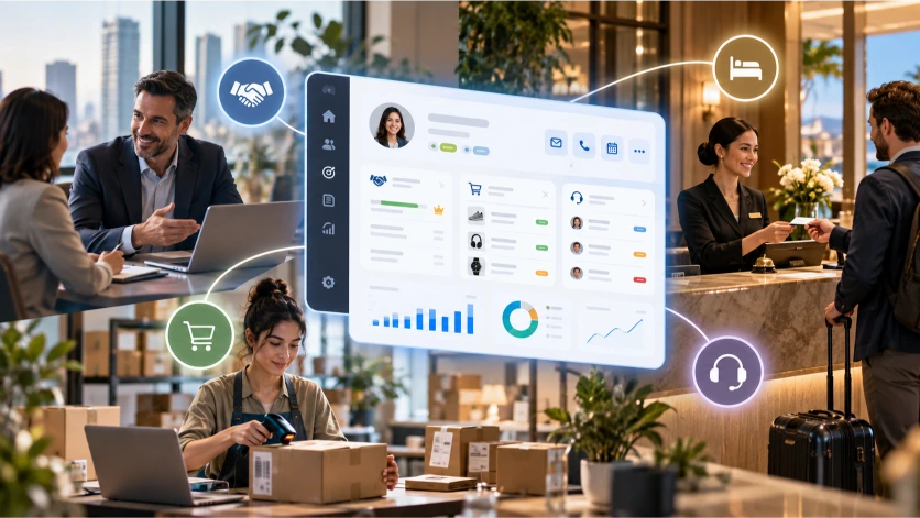 Imagen que representa la aplicación de sistemas CRM en consultoría empresarial, comercio electrónico y hotelería, mostrando cómo diferentes organizaciones gestionan información para mejorar la atención y satisfacción del cliente.