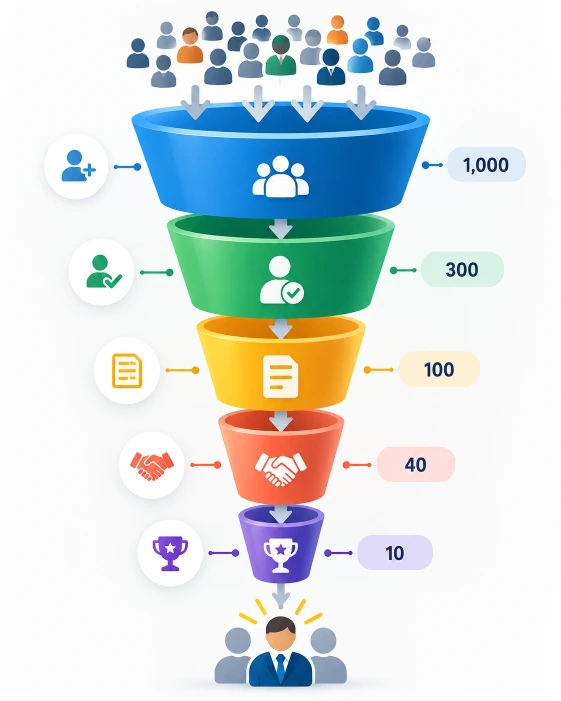 Infografía vertical de un embudo comercial que representa la transformación progresiva de clientes potenciales en compradores, mostrando las etapas de captación, cualificación, negociación y cierre de ventas.
