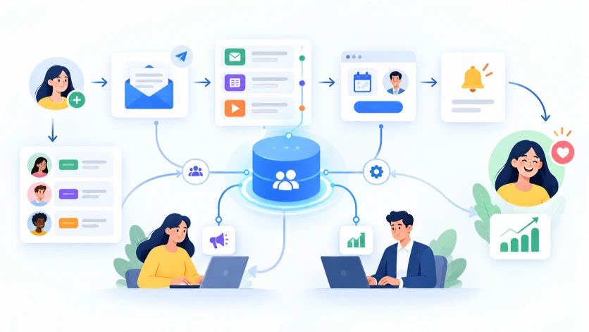 Ilustración de un sistema CRM conectado con herramientas de automatización de marketing, representando campañas de correo electrónico, segmentación de clientes, seguimiento comercial y estrategias de fidelización.