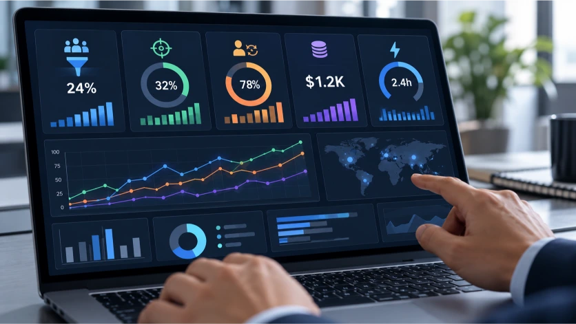 Fotografía de un panel de análisis empresarial que presenta gráficos e indicadores de rendimiento comercial, permitiendo visualizar tasas de conversión, oportunidades de venta, retención y evolución de resultados.