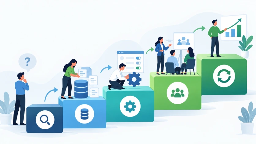 Infografía que representa las etapas necesarias para implementar un CRM empresarial, desde el diagnóstico inicial y la organización de datos hasta la configuración, formación de equipos y mejora continua.