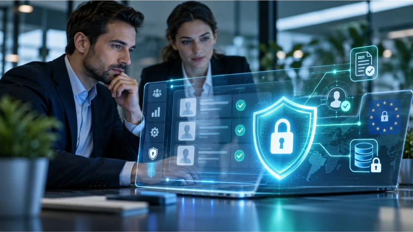 Imagen de profesionales supervisando un sistema digital de protección de datos, con un escudo de seguridad que simboliza la privacidad, confidencialidad y cumplimiento de la normativa europea RGPD.