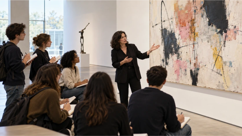 Profesora explicando una pintura abstracta a estudiantes que observan la obra y toman apuntes dentro de una galería.