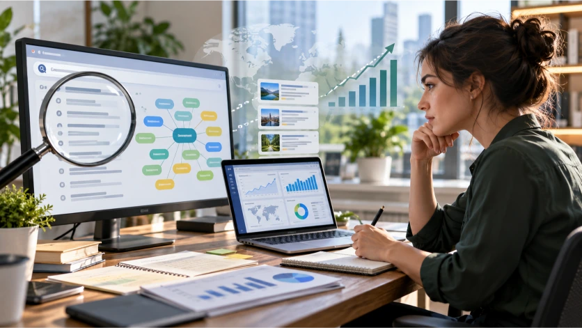 Profesional del marketing digital investigando palabras clave mediante herramientas de análisis SEO, gráficos de tráfico orgánico y resultados de búsqueda para mejorar el posicionamiento web de una empresa.