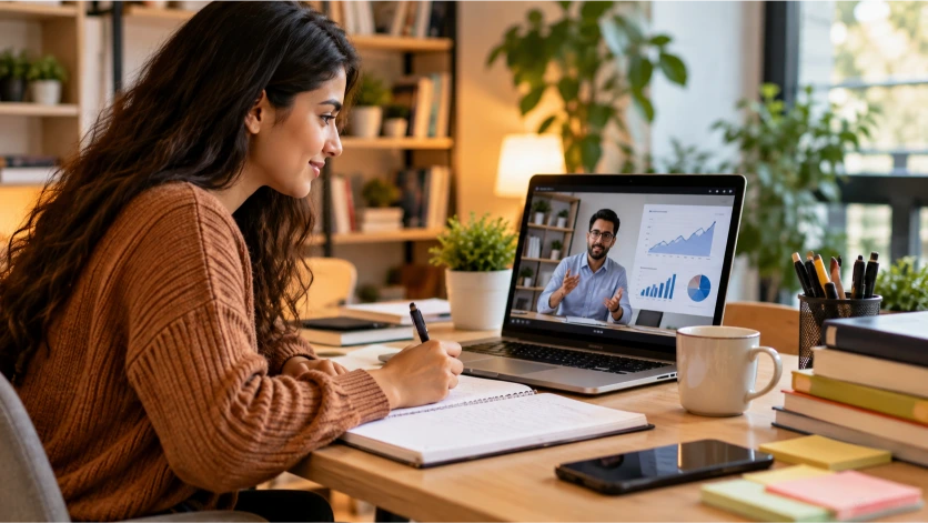 Estudiante participando en una formación online sobre marketing digital y posicionamiento SEO, adquiriendo conocimientos de análisis de datos, investigación de palabras clave y estrategias de visibilidad web.