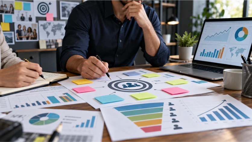 Especialistas en marketing digital planificando una estrategia SEO mediante gráficos de conversión, análisis del público objetivo e indicadores de rendimiento para aumentar la visibilidad y captar clientes potenciales.