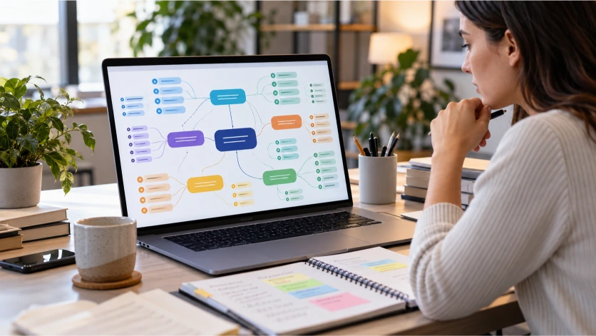 Analista digital organizando palabras clave principales y secundarias mediante un mapa conceptual, estableciendo relaciones semánticas entre términos para desarrollar una estrategia de contenidos optimizada para buscadores.