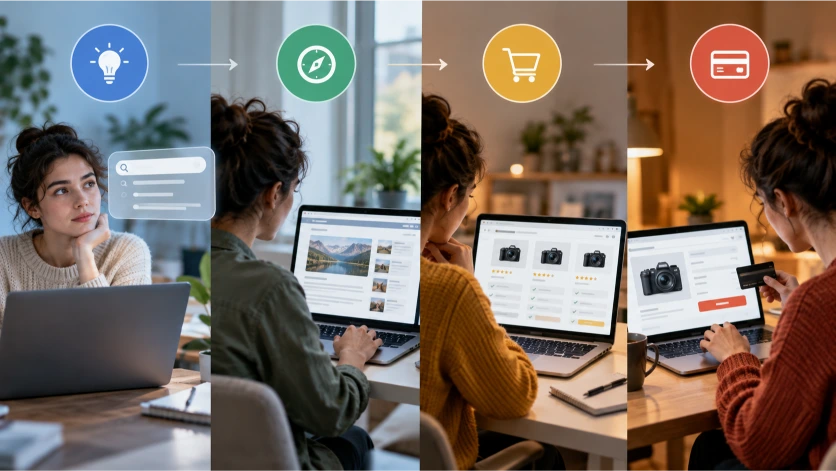 Representación visual de las diferentes intenciones de búsqueda en internet, desde consultas informativas hasta decisiones de compra, mostrando cómo los usuarios interactúan con contenidos y productos digitales.