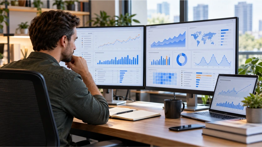 Especialista SEO examinando gráficos de evolución de búsquedas, tendencias digitales y estadísticas de tráfico para identificar oportunidades de posicionamiento web y mejorar la planificación de contenidos.