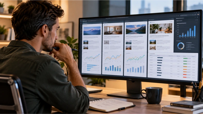 Analista de posicionamiento web comparando resultados de búsqueda, rendimiento de páginas competidoras y métricas SEO para detectar oportunidades de mejora y desarrollar estrategias de contenido diferenciadas.