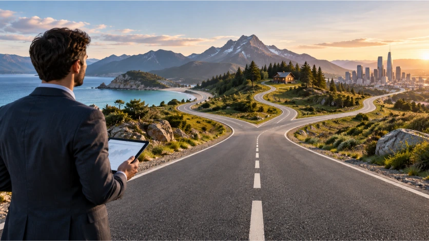 Profesional observando diferentes caminos hacia destinos específicos, una representación del uso de palabras clave long tail para identificar búsquedas concretas y atraer tráfico orgánico cualificado.