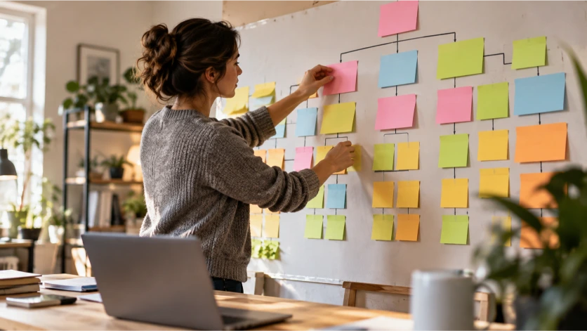 Especialista organizando notas de colores en una estructura jerárquica de contenidos, representando la agrupación de palabras clave, la arquitectura web y la prevención de la canibalización SEO.