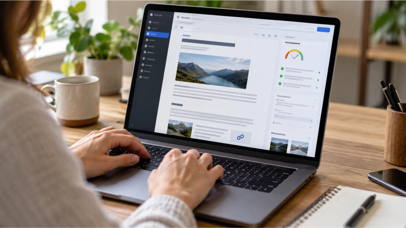 Profesional editando contenido digital desde un ordenador portátil, optimizando la estructura de una página web, sus imágenes y enlaces internos para mejorar la relevancia y el posicionamiento orgánico.