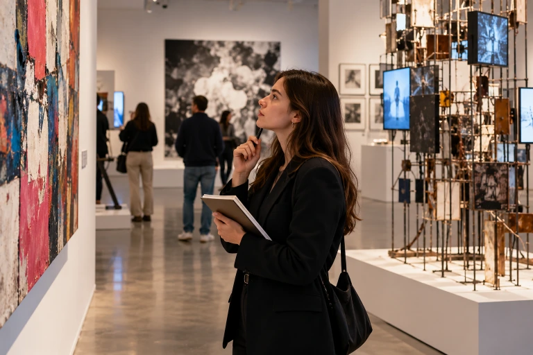 Visitante analizando una pintura abstracta con libreta mientras observa diferentes obras e instalaciones en una exposición contemporánea.