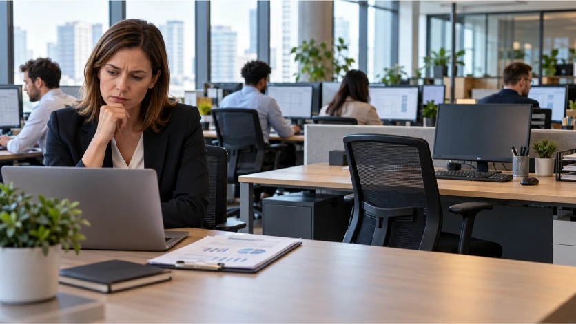Responsable de recursos humanos analiza la organización del personal en una oficina moderna, donde un puesto de trabajo vacío representa el absentismo laboral y sus desafíos empresariales.