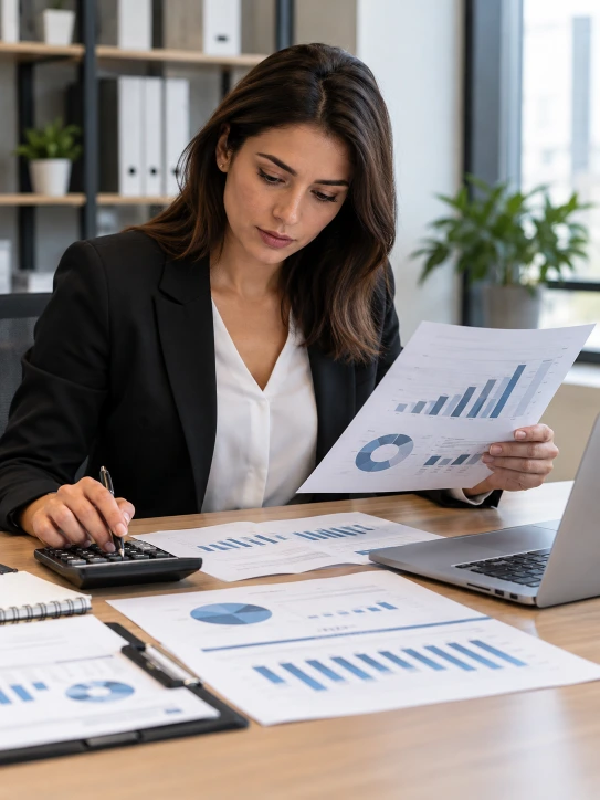Profesional de recursos humanos analiza informes estadísticos, gráficos de asistencia y datos empresariales mientras utiliza una calculadora para determinar la tasa de absentismo laboral y evaluar su impacto organizativo.