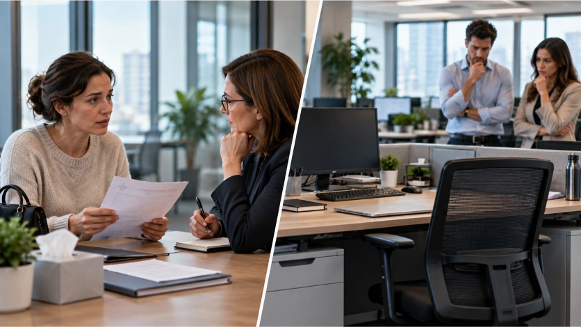 Composición que diferencia una ausencia laboral justificada, documentada durante una conversación con recursos humanos, de un puesto vacío que simboliza una falta de asistencia sin explicación.