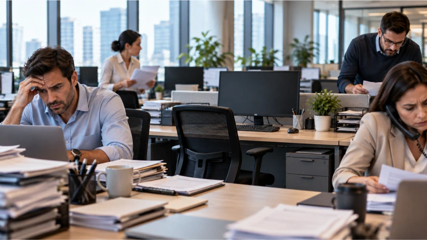 Oficina con empleados sobrecargados de tareas, pilas de documentos y un escritorio desocupado que ilustra el impacto de las ausencias en la productividad y organización del equipo.