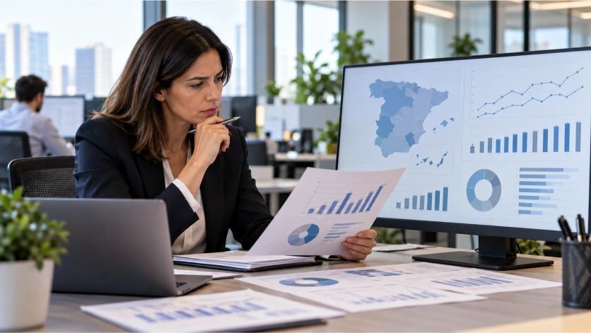 Analista estudia informes, gráficas y un panel con el mapa de España para interpretar estadísticas laborales, evolución de las ausencias y tendencias del mercado de trabajo.