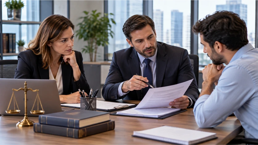 Reunión entre un trabajador, un especialista legal y una responsable de recursos humanos para revisar documentación laboral, derechos del empleado y obligaciones de la empresa ante determinadas ausencias.