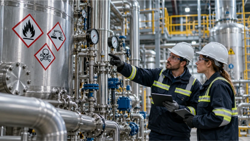 Dos técnicos revisan instalaciones, tuberías, válvulas y depósitos industriales mientras analizan señalización de sustancias inflamables, corrosivas y tóxicas para prevenir accidentes laborales.