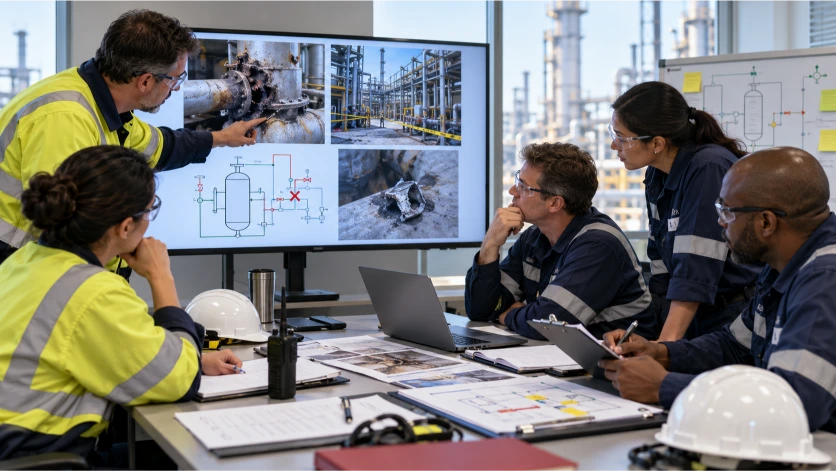 Un equipo técnico analiza fotografías, daños en instalaciones y diagramas de proceso para identificar las causas de un incidente y establecer medidas correctoras que eviten su repetición.