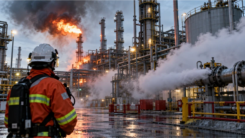 Una planta química sufre un incendio acompañado de una fuga visible de vapor o gas, mostrando los graves riesgos asociados a explosiones y fallos de proceso.