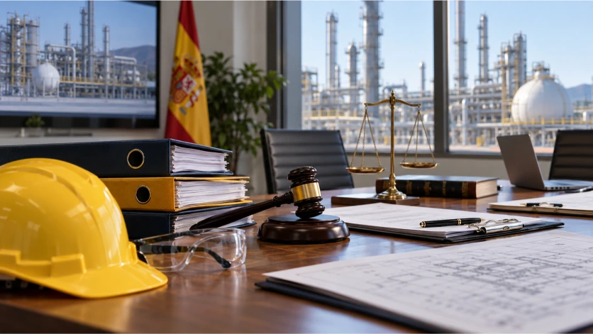 Casco de seguridad, documentación técnica, balanza de justicia y elementos jurídicos representan el marco normativo español destinado a proteger a los trabajadores frente a riesgos químicos.