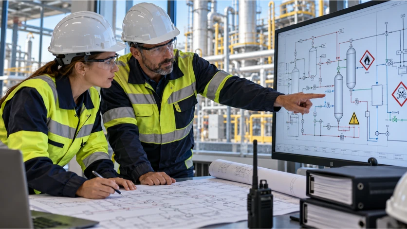 Dos profesionales analizan esquemas de procesos industriales y puntos críticos de una instalación para identificar posibles fugas, sustancias