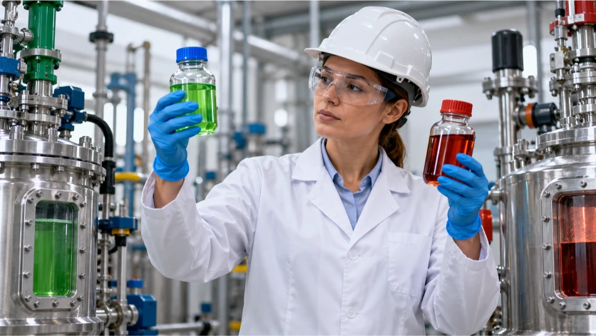 Una especialista compara diferentes productos químicos dentro de una instalación industrial, representando la búsqueda de alternativas menos peligrosas para reducir exposición y riesgos laborales.
