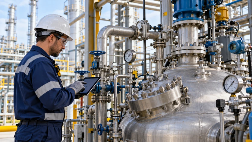 Un técnico inspecciona un reactor industrial, válvulas, sensores y sistemas de presión mediante herramientas digitales para detectar fallos antes de que provoquen una emergencia.