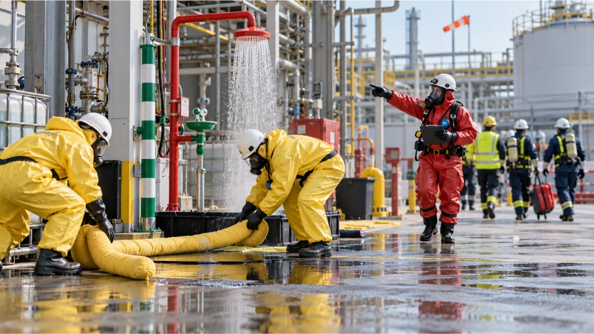 Equipos especializados con trajes de protección intervienen en una zona contaminada, controlando una posible fuga mientras otros trabajadores siguen las instrucciones de evacuación y seguridad.