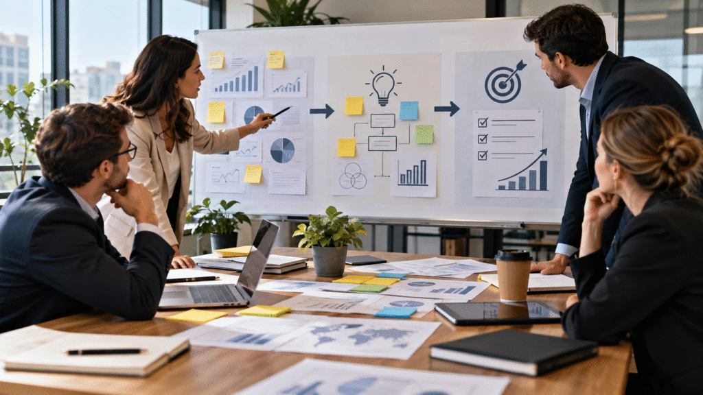 Equipo directivo analiza gráficos, objetivos y propuestas en una reunión estratégica, mostrando cómo el análisis CAME transforma los resultados del DAFO en acciones empresariales concretas.