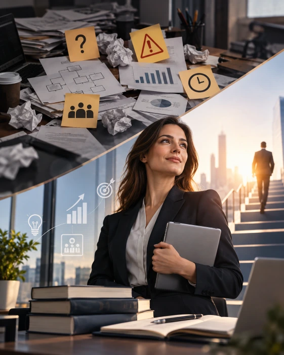 Composición vertical que contrapone errores de planificación y documentos desorganizados con formación, liderazgo y desarrollo profesional, destacando la importancia de una dirección estratégica eficaz.