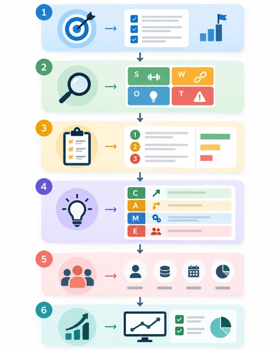 Infografía vertical con seis pasos para elaborar un análisis CAME, desde la definición de objetivos y el diagnóstico DAFO hasta la implementación y evaluación de resultados.