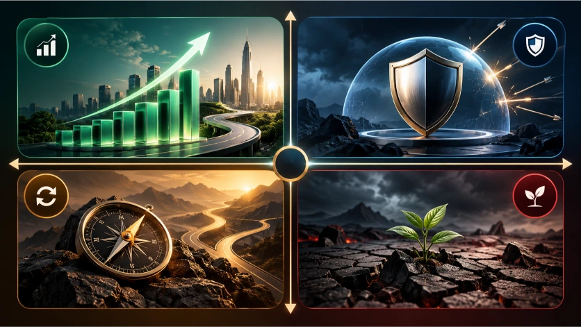 Matriz visual de cuatro estrategias empresariales: ofensiva, defensiva, reorientación y supervivencia, representadas mediante crecimiento, protección, cambio de rumbo y resistencia ante dificultades.