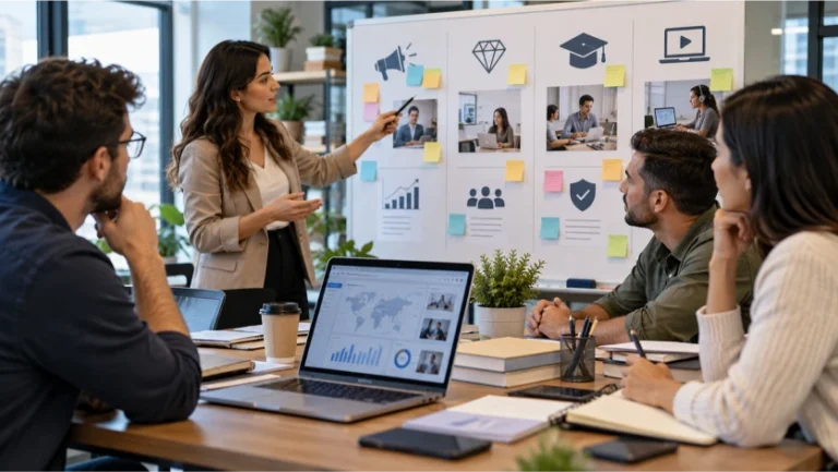 Profesionales de una empresa de formación online revisan datos y propuestas estratégicas para mejorar su visibilidad, diferenciar servicios, fortalecer la docencia y aprovechar oportunidades comerciales.