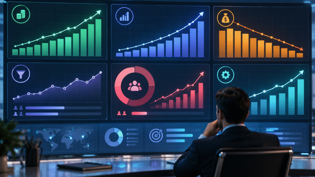 Responsable empresarial examina un panel de indicadores con gráficos de ventas, costes, conversión, retención y productividad para evaluar los resultados de la estrategia CAME.