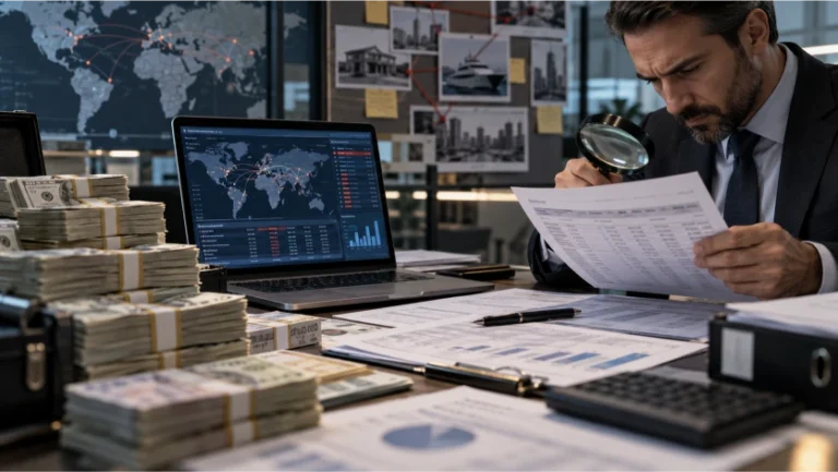 Investigador financiero analiza documentos, movimientos bancarios y conexiones internacionales junto a grandes cantidades de dinero, representando la complejidad del blanqueo de capitales moderno.