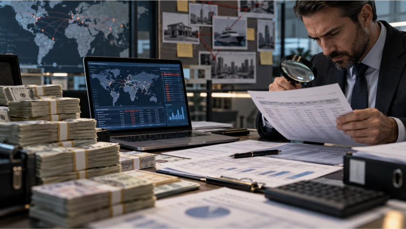 Investigador financiero analiza documentos, movimientos bancarios y conexiones internacionales junto a grandes cantidades de dinero, representando la complejidad del blanqueo de capitales moderno.